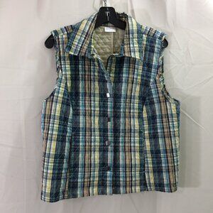 Erika Womens Quilted Vest Blue Plaid Snap Closure Casual 100% Cotton Size L